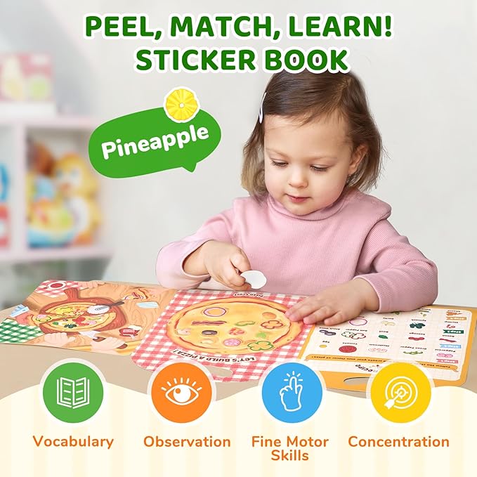 JoyCat Reusable Sticker Book - Jelly Stickers for Toddlers, Kids Sticker Activity Book, Travel Toys for Road Trip, Car & Airplane, Educational Learning Gifts for Boys and Girls Ages 3-5 (Pizza-Making)