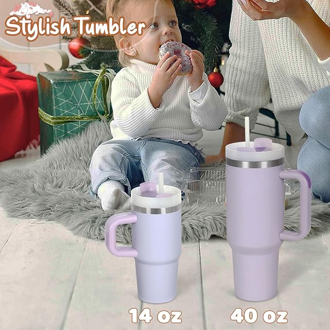 Cosictic 14 Oz Tumbler with Handle and Straw for Kids, Stainless Steel Double Wall Vacuum Insulated Cup for Children, 14 Oz Cups for Kids (Purple)