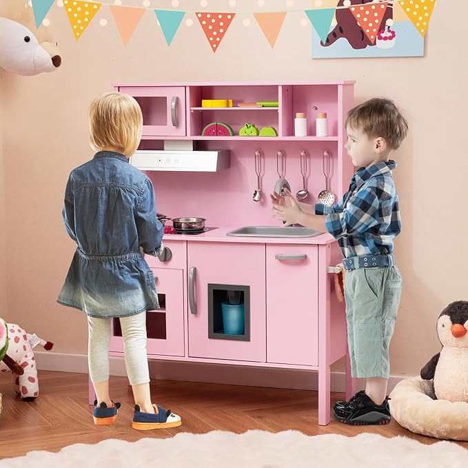 Costzon Kids Kitchen Playset, Wooden Pretend Toddler Kitchen Toy Set w/Sound, Microwave, Oven, Ice Maker, Range Hood, Stoves, Sink & 18 Accessories, Pink Play Kitchen for Girls Ages 3+