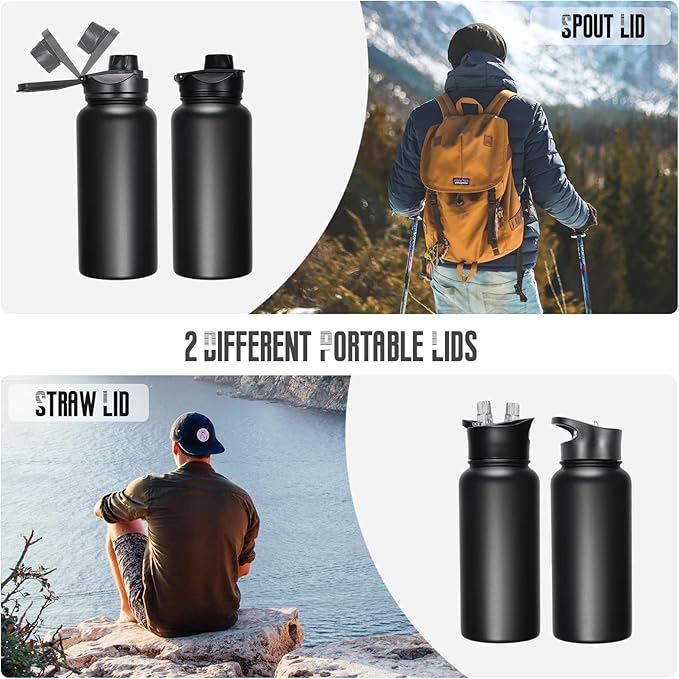 32 oz Insulated Water Bottle with Straw Lid & Wide Mouth Lids, Stainless Steel Sports Water Bottles, Double Walled Vacuum, Leak Proof, Black