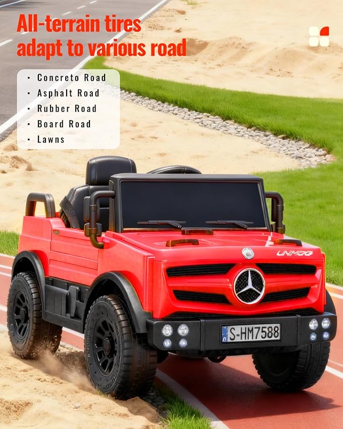 12V Ride on Car for Kids, Licensed Mercedes-Benz Unimog Truck w/Parent Remote Control, LED Headlights, Music Player & Horn for 3-6 Years Toddler, Red