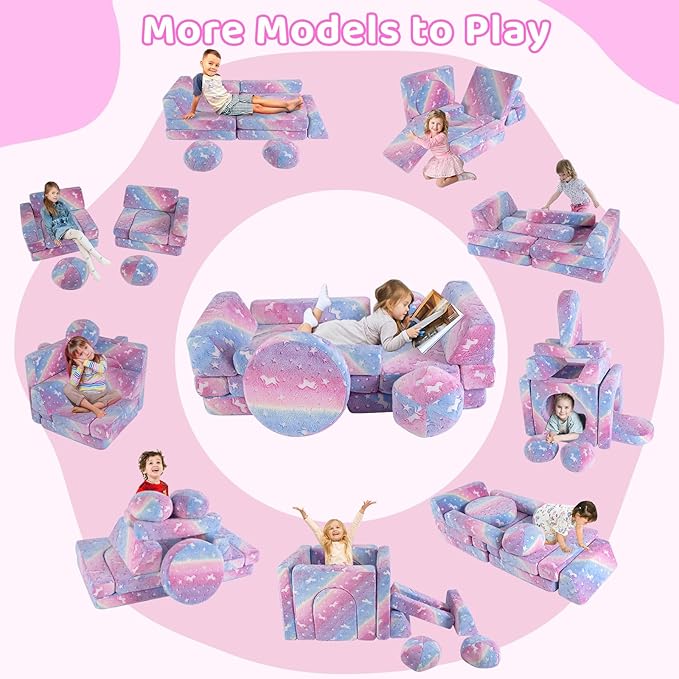 13 PCS Kids Play Couch, Modular Glowing Kids Toddler Couches, Kid Play Couch Sofa for Playroom and Bedroom (Rainbow)