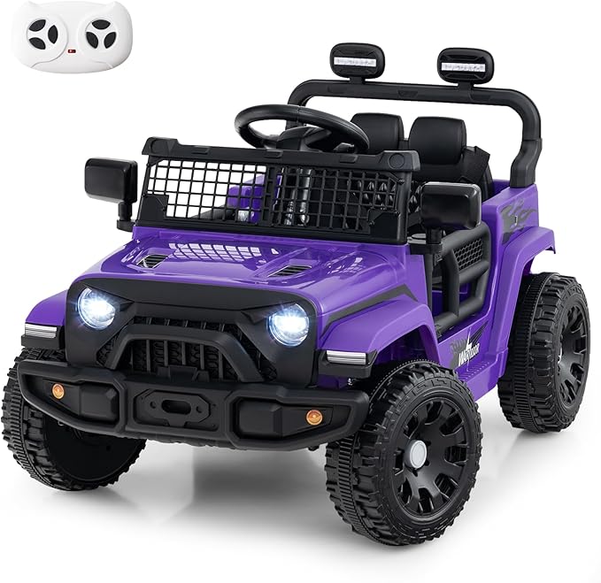 Costzon Kids Ride on Car Truck, 12V Electric Vehicle w/Foldable Mirrors, 3 Speeds, LED Lights, Music & Horn, Ride on Toys Remote Control Car for Toddlers, Boys & Girls (Purple,34" × 23" × 21")