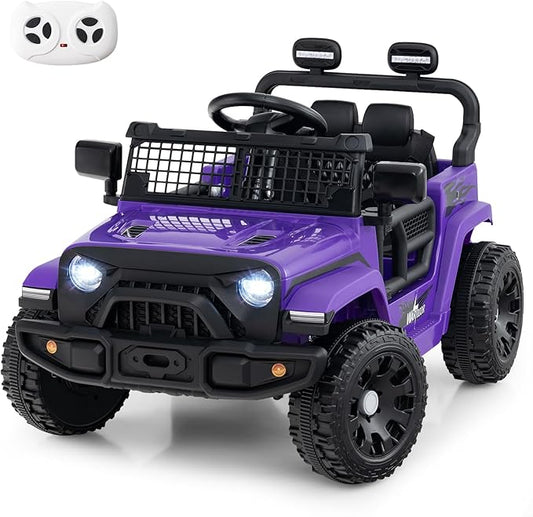 Costzon Kids Ride on Car Truck, 12V Electric Vehicle w/Foldable Mirrors, 3 Speeds, LED Lights, Music & Horn, Ride on Toys Remote Control Car for Toddlers, Boys & Girls (Purple,34" × 23" × 21")