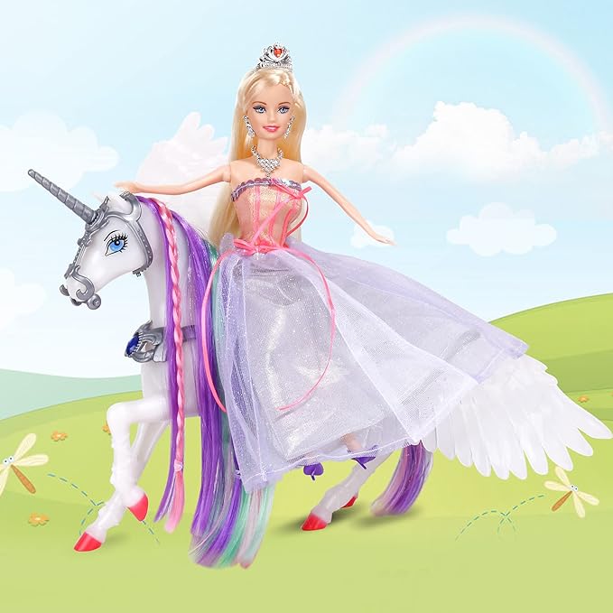 BETTINA Color Change Unicorn and Fairy Tale Princess Doll, W/Mane Brush, Girls' Unicorn Doll Toys Gifts, Presents for Girl Kids Aged 3+, Rainbow Braided Hair Horse Princess