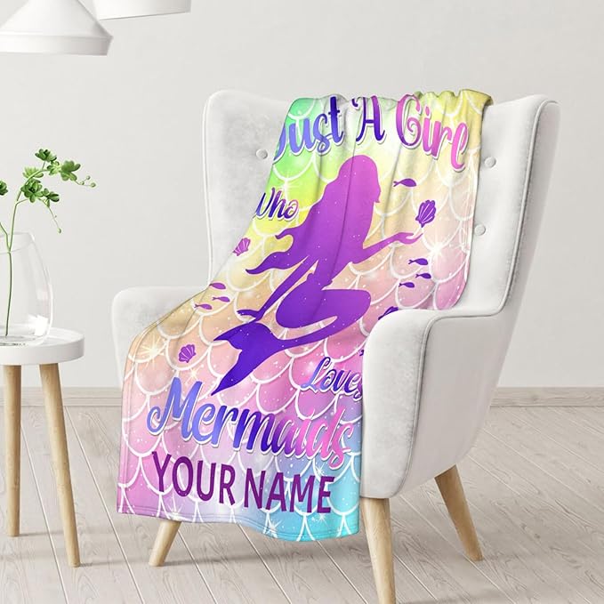 Personalized Mermaid Blanket with Name - Soft, Fuzzy & Warm - 50"x60" Throw Size Blanket for Bed, Couch, Sofa - Colorful Cute Throw Gifts for Girls