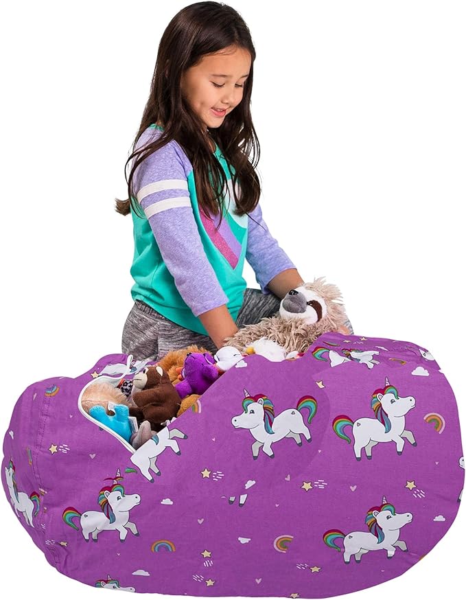 Posh Creations Kids Stuffed Animal Storage Bean Bag Chair Cover - Childrens Toy Organizer, Large-38in, Canvas Unicorn and Rainbows on Purple