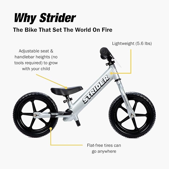 Strider 12” Pro Bike, No Pedal Balance Bicycle for Kids 1 to 4 Years - Includes Safety Pad, Padded Seat, Mini Grips & Flat-Free Tires - Tool Free