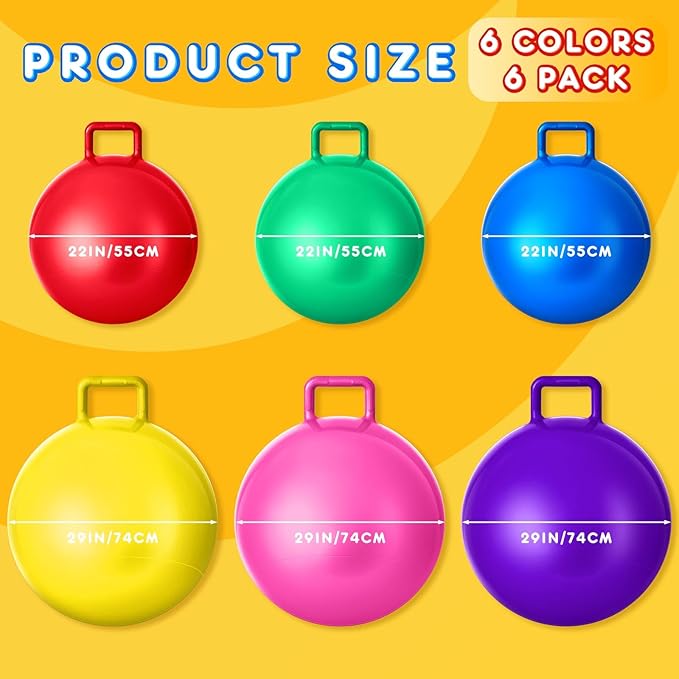 Lewtemi 6 Pcs Hopper Ball Carnival Outdoor Games 22 Inch 29 Inch Jumping Hopping Inflatable Bouncing Ball with Handle and Air Pump for Kids Sport Exercise(Red, Blue, Green, Pink, Yellow, Purple)