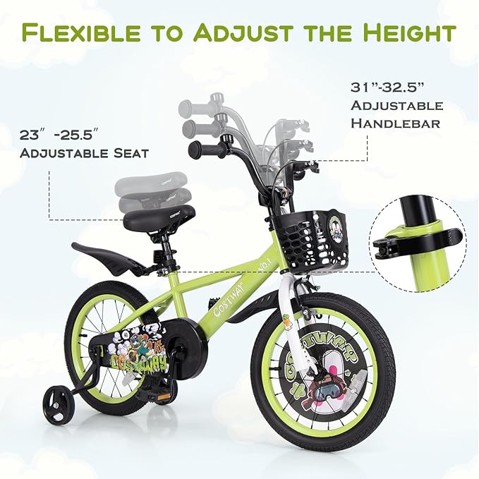 BABY JOY Rabbit Pilot Sporty Kids Bike, 12 14 16 18 Inch Child Bike for 3-8 Years Old with Adjustable Height, Training Wheels, Storage Basket, Handbrake & Coaster Brake, Kids Bicycle for Girls Boys