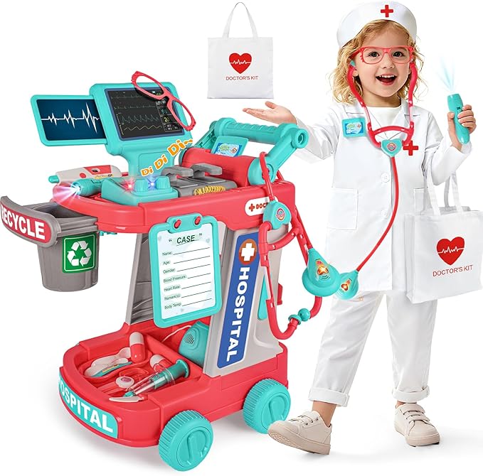 Upgraded Doctor Pretend Playset for Toddlers, Pretend Play Medical Toy Doctor Cart, Doctor Toy for Toddlers 3-5, Christmas Birthday Costume Role Play Dress Up Gift Ideas for Boys Girls(Pink)