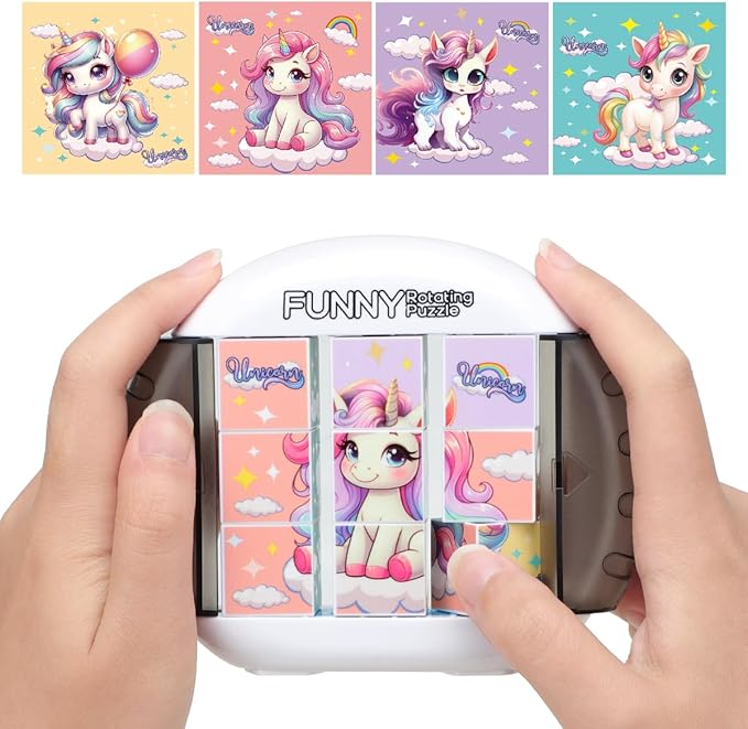 Rotating 3D Puzzle for Kids 3 4 5 6 7 Year Old, 4 Puzzles in 1, Handheld Game Fidget Toys for Travel, Cars & Plane, Fine Motor Skills Developing (Magical Unicorn Squad)