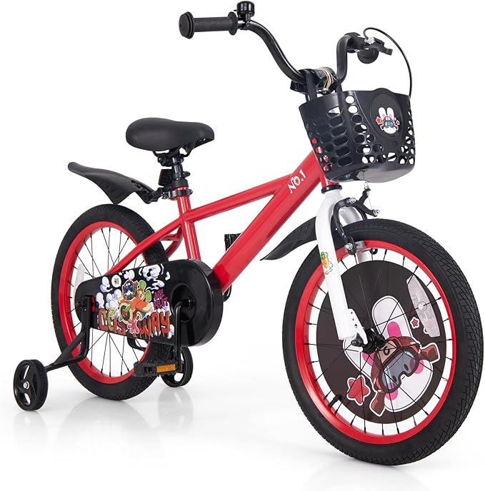BABY JOY Rabbit Pilot Sporty Kids Bike, 12 14 16 18 Inch Child Bike for 3-8 Years Old with Adjustable Height, Training Wheels, Storage Basket, Handbrake & Coaster Brake, Kids Bicycle for Girls Boys