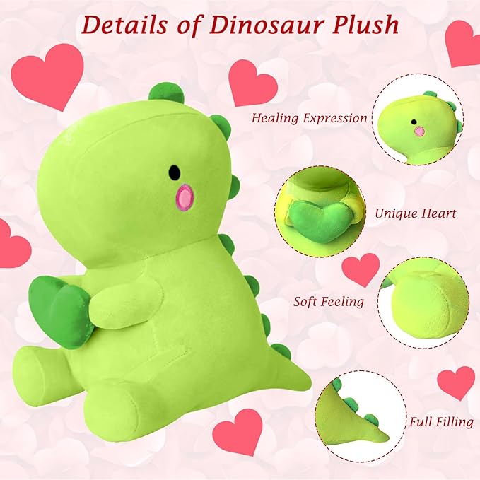 SQEQE Dinosaur Stuffed Animal, Loving Soft Dino Plush Toys with Holding Heart, Sweet Romantic Anniversary Birthday Gift for Her Girls Boys Girlfriend(Green,20 inch)