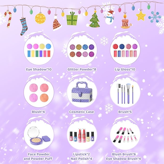 GirlsHome Kids Makeup Set for Girl 56 Pcs Washable Real Cosmetic, Non-Toxic Frozen Toys Toddler Makeup Kit, Frozen Princess Dress up Kit Christmas & Birthday Girl Gift for 3-12 (Frozen Purple)