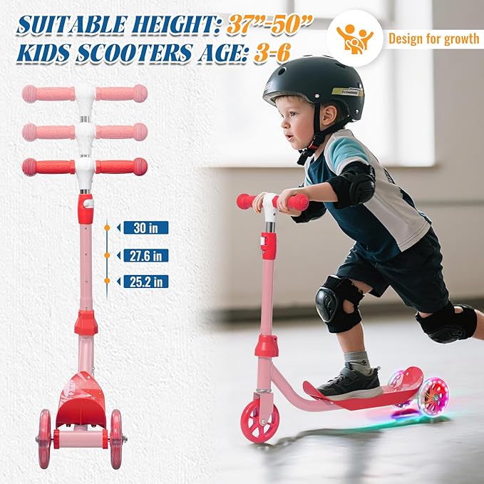 Kids Kick Scooter with Adjustable Height & LED Flash Wheels | 3 Growing Levels | Outdoor Fun for Boys & Girls