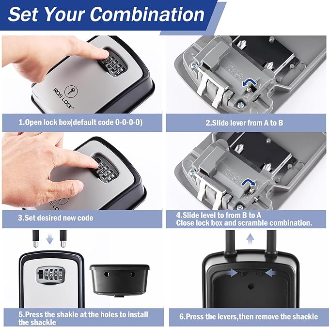 Iron Lock® XXL Portable Key Lock Box and Wall Mounted with Removable U-Shackle Waterproof Indoor Outdoor 4 Digit Combo with Resettable Code with A B Switch Extra Large Key Lockbox Outside (XXL, Grey)