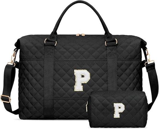 Gifts for Teen Girl, Initial Travel Duffle Bag, Personalized Women Weekender Overnight Bags, Gift for Daughter Kid Girl Wife Friend（Black,P)