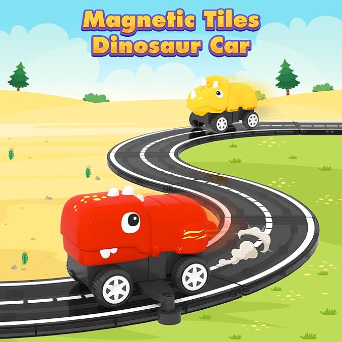 Magnetic Tiles Dinosaur Car Toddler Toys 3 4 5 Year Old Boys Girls, Magnetic Blocks Monster Car - 2 Dinosaur Lids and 2 Chassis, Compatible with Traversable on Magnet Roads.