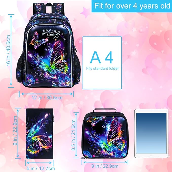 CCJPX 3PCS Backpack for Girls, 16 Inch Butterfly Preschool School Backpacks with Lunch Box, Water Resistant Bookbag with Elementary Toddler Travel