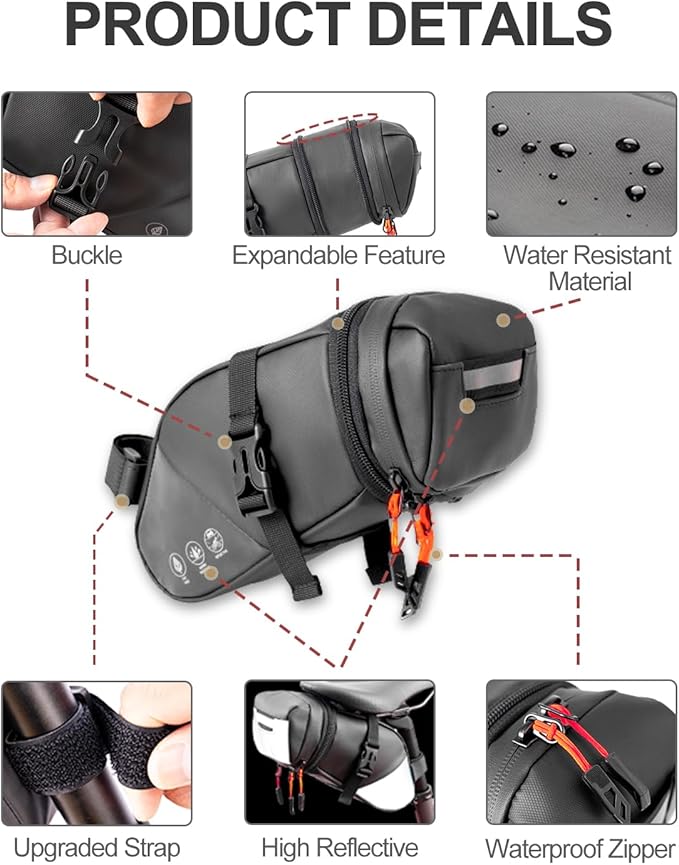 Bike Seat Bag, Expandable Bicycle Saddle Bag Under Seat, Waterproof Cycling Seat Pack for Mountain Road Bikes and Commuter, 1.5-2L