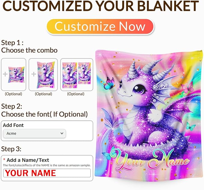 Personalized Blankets for Girls, Dragon Throw Blanket Gift for Girls Age 6-8 Kids Teens, Custom 50"x40" Soft Flannel Lightweight Throws Throws for Couch Sofa