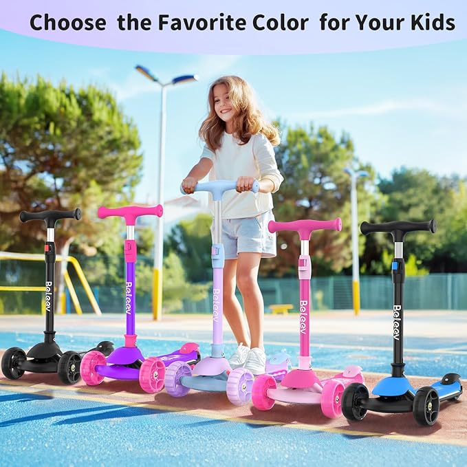 BELEEV A9 Kids Scooter with LED Light-Up Wheels & Deck, 3 Wheel Folding Scooter for Toddlers Girls Boys Ages 3-12, Adjustable Handlebar, Lean to Steer, Extra-Wide Wheels, Kick Scooter for Children