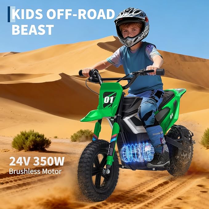 24V Electric Dirt Bike for Kids, 350w Electric Motorcycle for Kids - Up to 13.67Mile/h Long-Range, Ride on Motorcycle with Rear Wheel Suspension, 12 Miles Range, Twist Grip Throttle, Rubber Tire