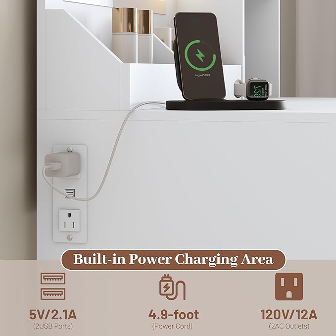 Makeup Vanity with Mirror and Lights & Power Outlet, 34'' Small Vanity Desk with Drawers and Storage Cabinet & Makeup Tray, Dressing Table for Girls Bedroom Dressing Room, White