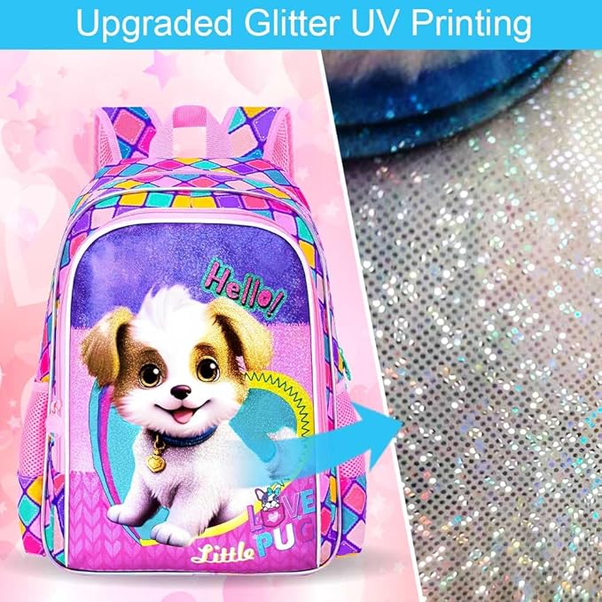 CCJPX 3PCS Kids Backpack for Girls, 16”Dog School Bookbag Set, Cute Water Resistant Elementary School Bag for Preschool Kindergarten Toddler