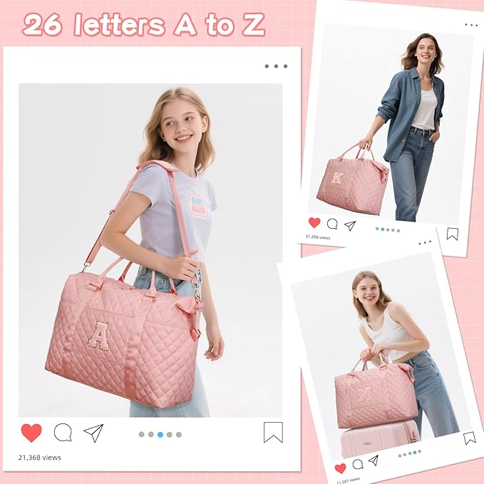 Gifts for Teen Girl, Initial Travel Duffle Bag, Personalized Women Weekender Overnight Bags, Gift for Daughter Kid Girl Wife Friend（Pink,S)