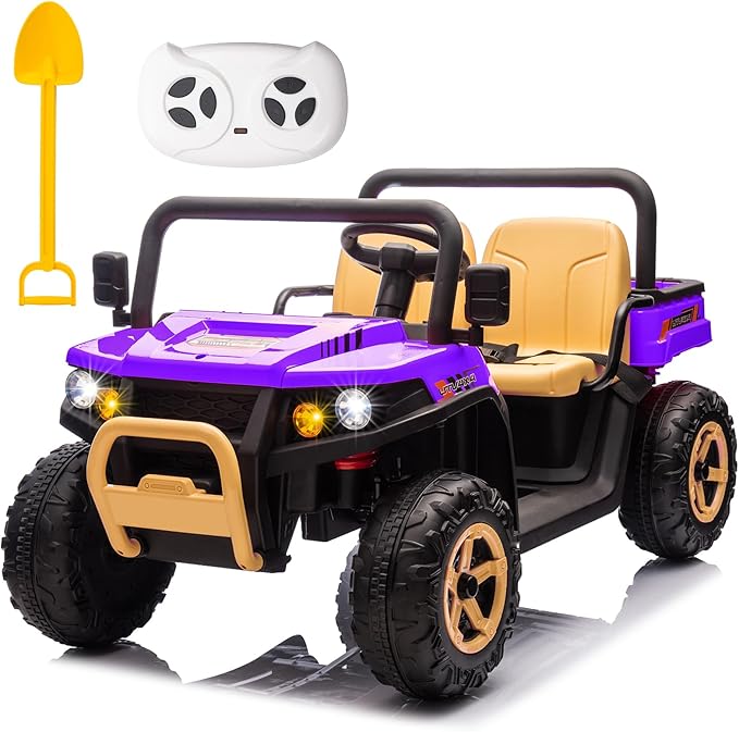 POSTACK 24V 2 Seater Electric Dump Truck for Kids, Ride on Tractor Battery Powered Electric Vehicle with Parental Remote Control, UTV for Kids to Drive w/Bluetooth, Music, Purple