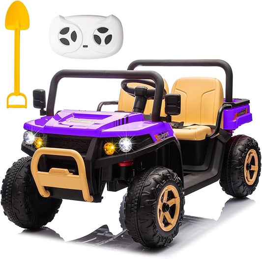 POSTACK 24V 2 Seater Electric Dump Truck for Kids, Ride on Tractor Battery Powered Electric Vehicle with Parental Remote Control, UTV for Kids to Drive w/Bluetooth, Music, Purple
