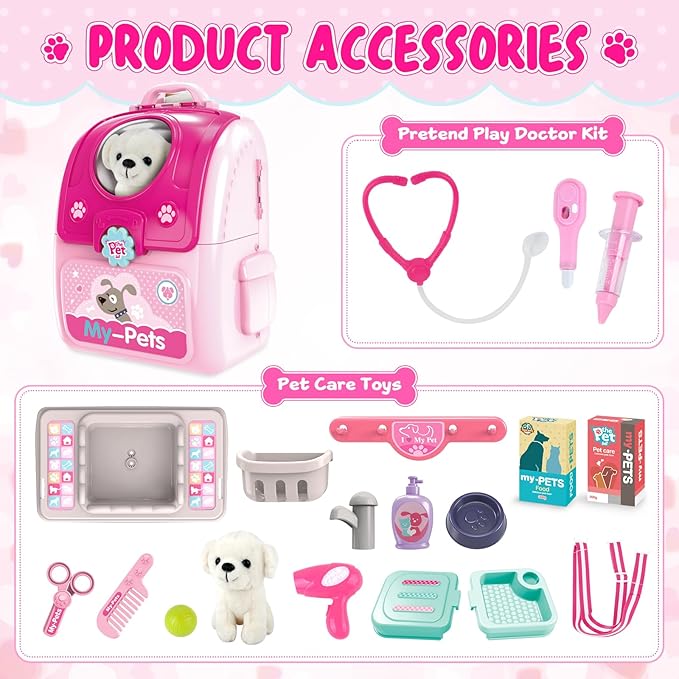 Girl Toys Gifts for 2 3 4 5 6 Years Old, Toddler Girl Toys, Pet Care Pretend Doctor Set Toys for Kids, Doctor kit for Toddlers 1-3 3-5, Kids Doctors Play Set with Plush Puppy Toy&Storage Backpack