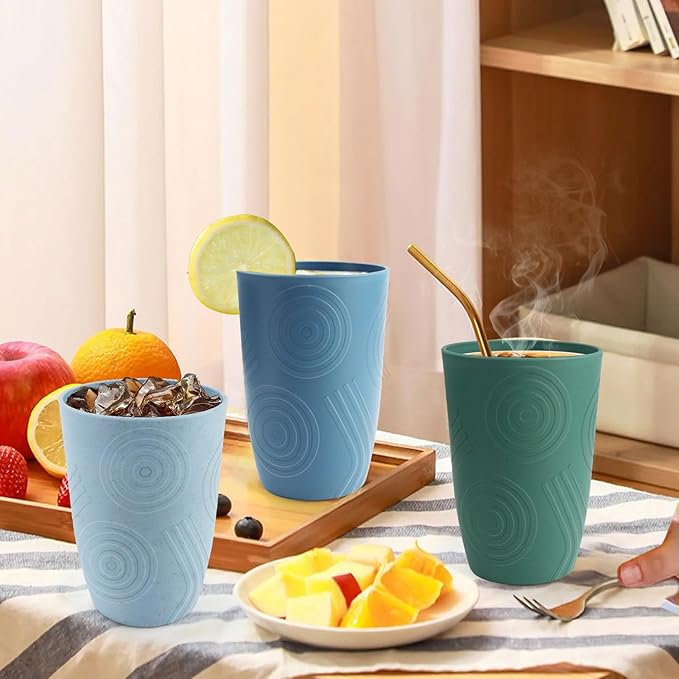 Wheat Straw Cups 6 PCS - 16 OZ Drinking Glasses, Unbreakable Large Cup, Lightweight Cup Set for Kitchen, Alternative to Plastic Cups Reusable Dishwasher Safe Water Tumbler (Multicolor)