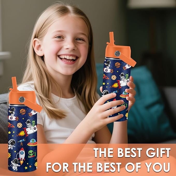 Space Astronomy Gifts for Kids - 16 Oz Kids Water Bottle with Straw Lid, Stainless Steel Insulated Tumbler, Leak Proof, BPA-Free, for Boys, School, Travel - Universe Children Birthday Gifts Cups(1pc)
