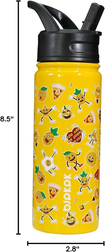 BJPKPK Insulated Water Bottle with Straw Lid, 18 oz Stainless Steel Metal Water Bottles, Reusable Leak Proof BPA Free Water Bottles, Cups, Thermo, Hawaii Fruits-Yellow
