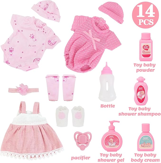 UNICORN ELEMENT 14 Inch Reborn Baby Girl Doll with Baby Doll Clothes and Accessories, 15 Piece Soft Body Dolls with Gift Box - Pacifier, Feeding Bottle Etc, Gift for Girls Toddlers 3+