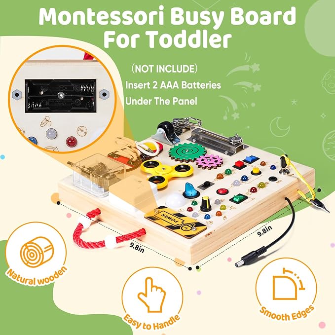 Montessori Wooden Busy Board Toys for 1 2 3 Years Old Boys Girls,Toddler Sensory Educational Fidget Board Travel Toy with LED Light Up Switches & Music Boxes, Locks for 1 to 6 Year Kids Gifts