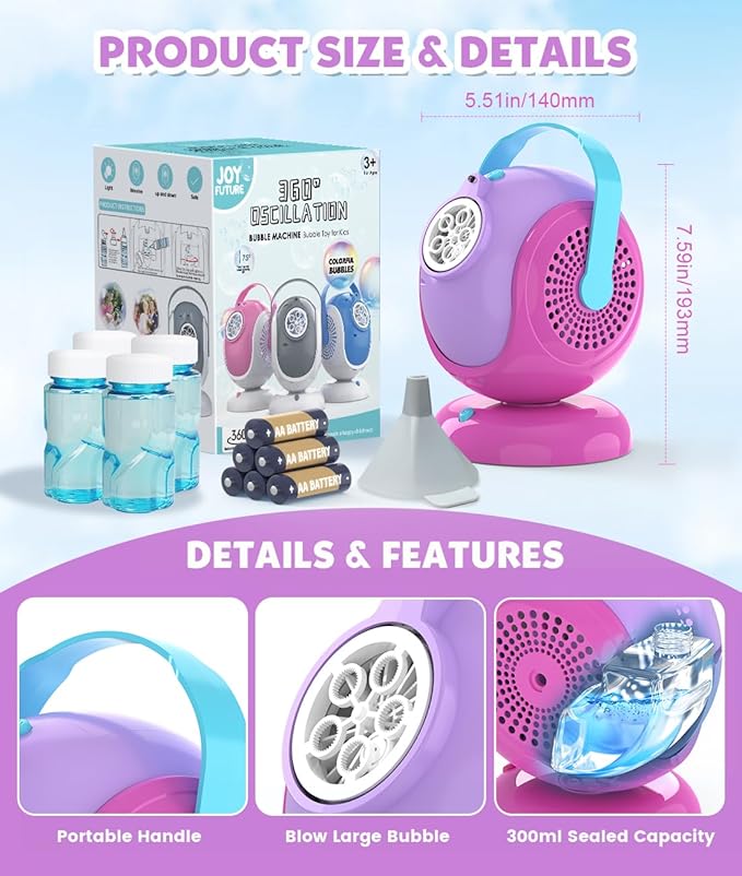 Bubble Machine, Automatic 360° Rotation & 75° Adjustment Bubbles Blower for Kids, Toddlers, Bubble Toys with LED Light - Gifts for Girls 1+ Year Old, Halloween, Outdoor, Birthday, Party
