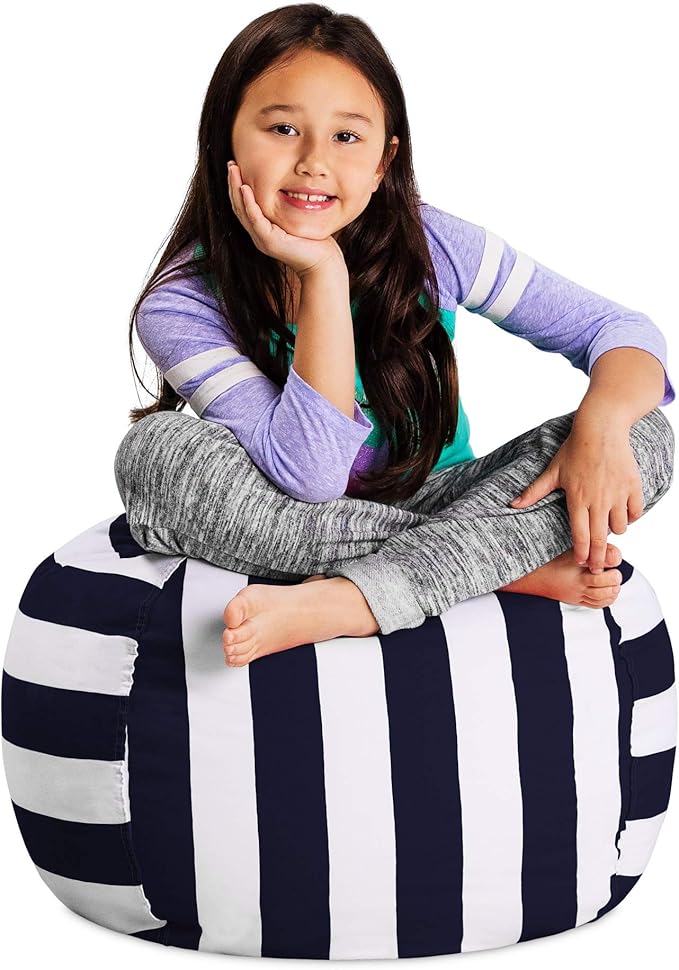 Posh Stuffable Kids Stuffed Animal Storage Bean Bag Chair Cover - Childrens Toy Organizer, Medium 27" - Canvas Stripes Blue and White