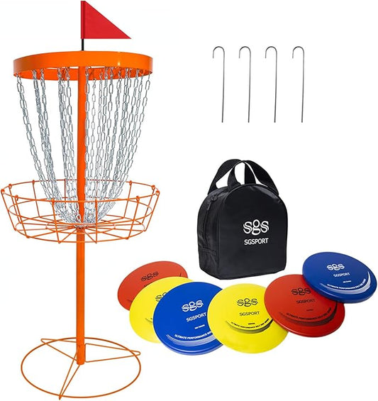 Disc Golf Basket - Portable Disc Golf Target with Heavy Duty 24-Chains Come with 6pcs Disc Golf Discs and Carry Bag, Ground Stake -Suitable for Players of All Levels - Multi Color Available