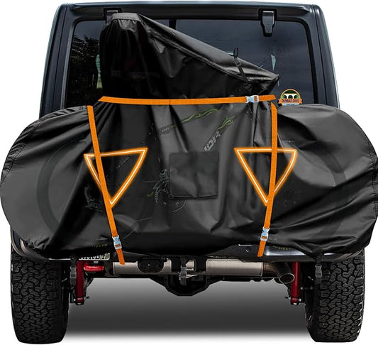 NEVERLAND Bike Cover for Transport on Rack, Bicycle Cover Outdoor Storage Waterproof All Seasons, 600D Oxford Materials, Travel Use for Car, Truck, RV, SUV - Light Night Reflectors for 2 Bikes