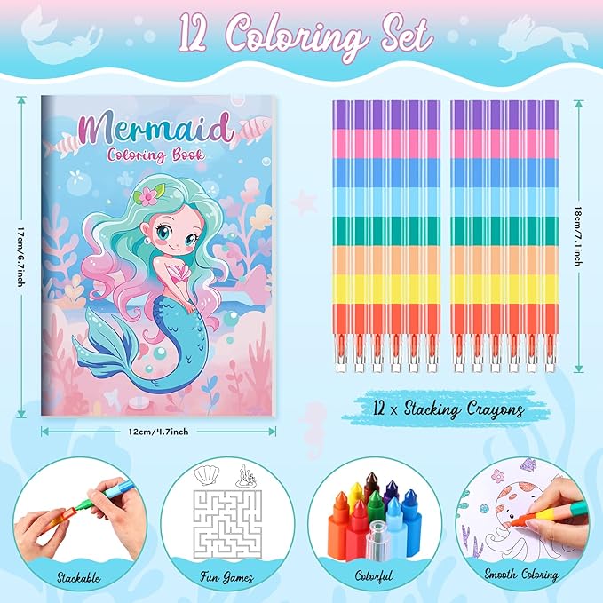 BenLouis 12 Mermaid Mini Coloring Books Kids with 12 Stacking Crayons Little Mermaid Theme Party Favors Small Activity Books Bulk for Kids Ocean Birthday Party Gift Goodie Bag Stuffers