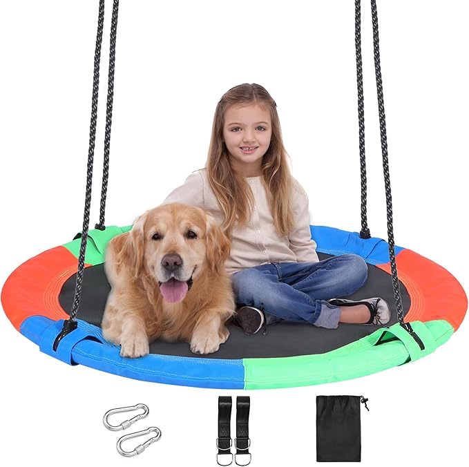 RedSwing 43" Flying Saucer Swing for Kids Outdoor, Large Round Tire Swings for Trees and Swingset, Strong Heavy Duty for Outside Playground, Rainbow