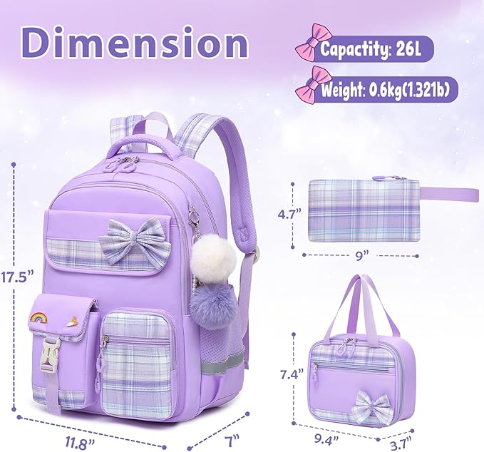 School Backpack for Girls Kids Bookbag for Elementary Middle School Casual Travel Daypack Teen Backpacks Purple Set