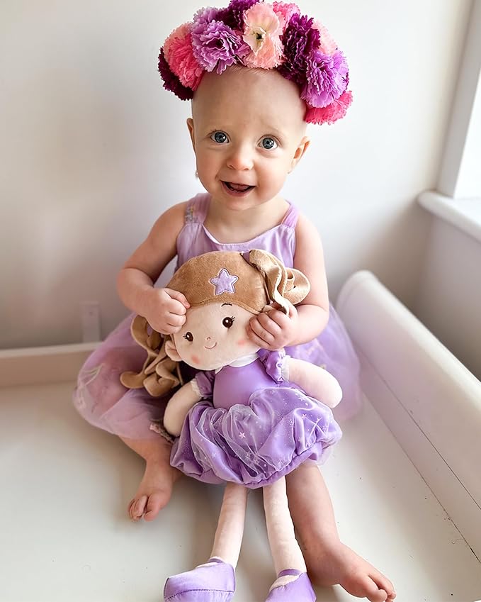 LeyaDoll Soft Baby Doll Toys (16''), My First Baby Rag Doll for 1 Year-Old Girl Birthday Gift, Christmas Plush Toys Gift for Toddler Kids Infants -Starlet Purple