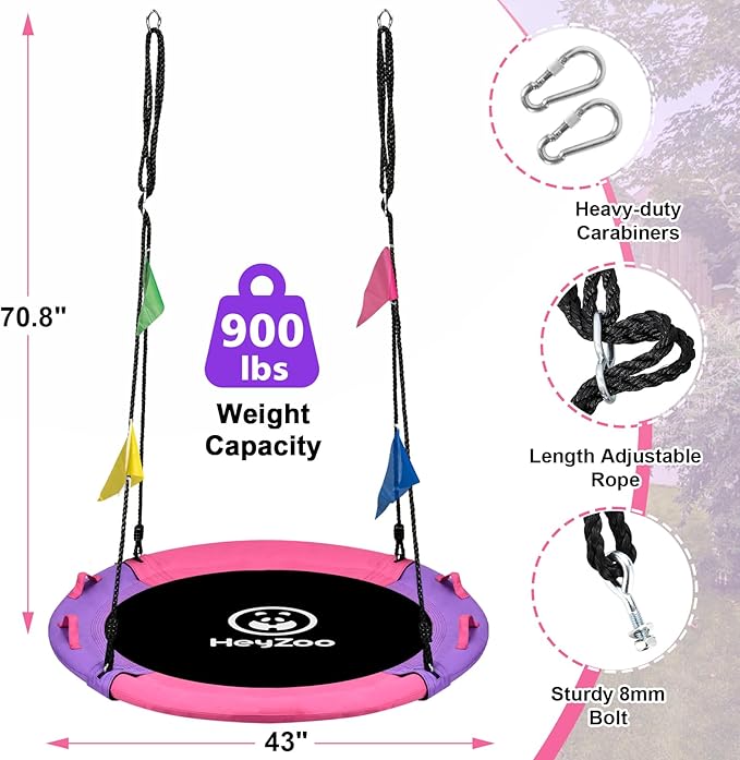 Tree Swing, 43 Inch Saucer Swing Sets for Kids, Come with 360 Degree Swivel and Adjustable Hanging Strap, Pink and Purple