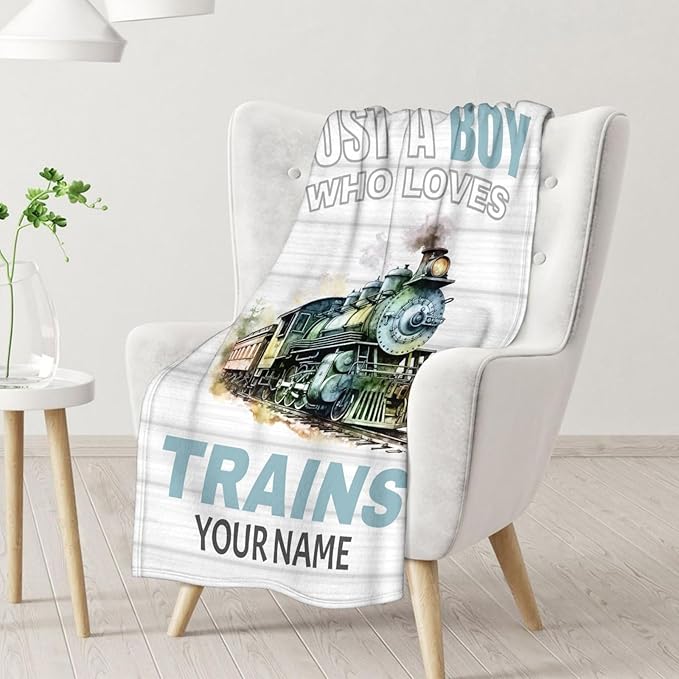 Personalized Train Blanket with Name - Soft, Fuzzy & Warm - 50"x60" Throw Size Blanket for Bed, Couch, Sofa - White Cute Throw Gifts for Boys