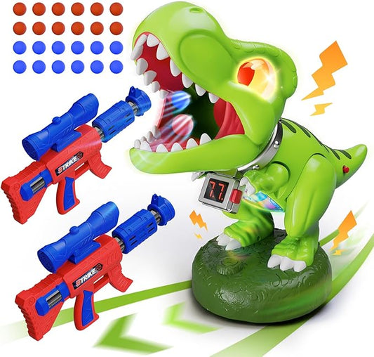 Realistic Dinosaur Moveable Shooting Toys, 2 Pack Launchers with Aiming, Roaring Dino Eyes & Belly Glow, LCD Score Record, Stocking Stuffers for Kids Toys Gifts for Boy Ages 3 4 5 6 7 8 9 10+ Year Old